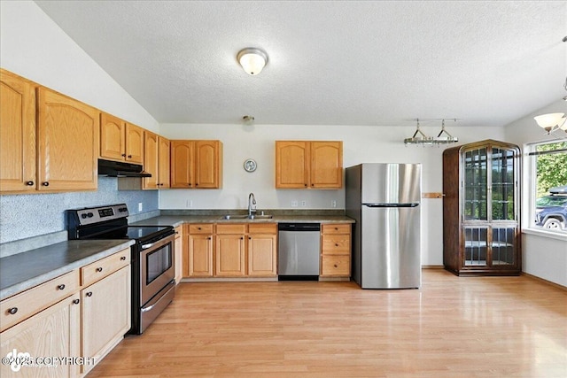46640 Jo Ave, Kenai, AK 99611 - kitchen with appliances with stainless steel finishes, under cabinet range hood, a textured ceiling, light wood-style flooring, and dark countertops