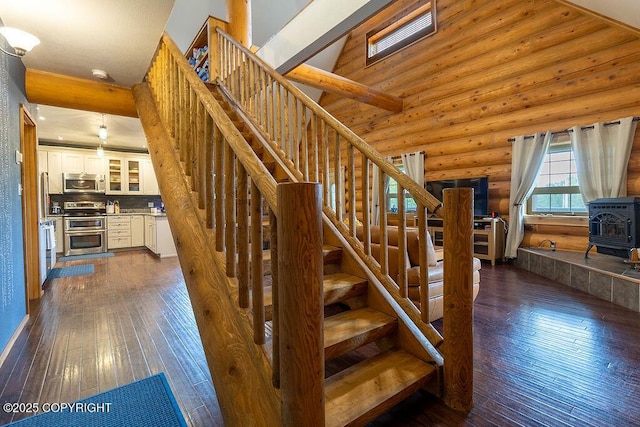 2415 Afognak Ave, Seward, AK 99664 - stairs with a wood stove, hardwood / wood-style floors, and log walls