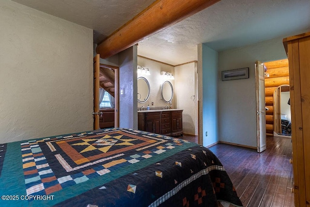 2415 Afognak Ave, Seward, AK 99664 - bedroom with a textured wall, dark wood-style floors, a textured ceiling, and rustic walls
