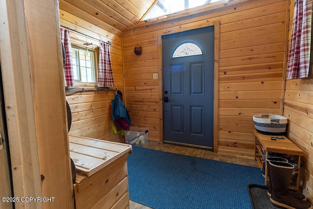 2415 Afognak Ave, Seward, AK 99664 - foyer entrance featuring wood walls, lofted ceiling, and wood ceiling