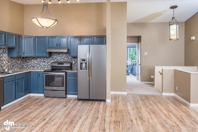 18644 Eaglewood Loop, Eagle River, AK 99577 - kitchen with stainless steel appliances, blue cabinets, backsplash, and light wood-style flooring