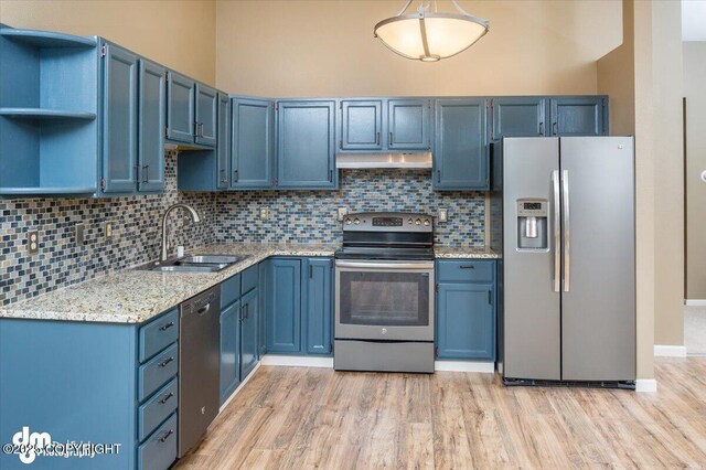 18644 Eaglewood Loop, Eagle River, AK 99577 - kitchen featuring stainless steel appliances, open shelves, light wood-style floors, and decorative backsplash