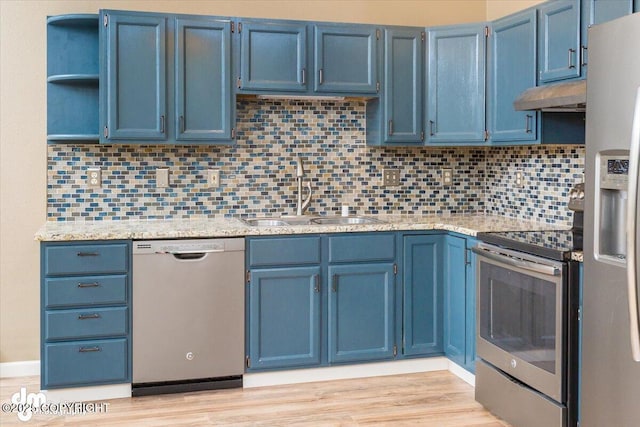 18644 Eaglewood Loop, Eagle River, AK 99577 - kitchen with appliances with stainless steel finishes, blue cabinets, open shelves, and under cabinet range hood