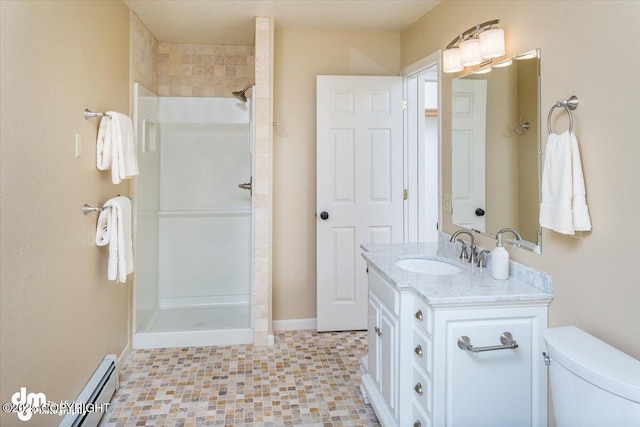 18644 Eaglewood Loop, Eagle River, AK 99577 - full bathroom featuring baseboard heating, vanity, and a shower