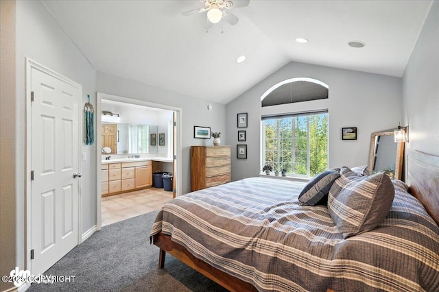 2436 N Hope Cir, Palmer, AK 99645 - bedroom featuring lofted ceiling, ensuite bathroom, light carpet, a ceiling fan, and recessed lighting