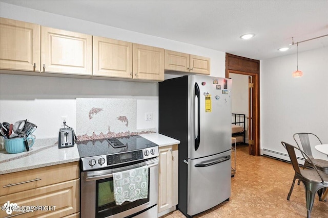 2634 Forest Park Dr # 114, Anchorage, AK 99517 - kitchen with appliances with stainless steel finishes, a baseboard radiator, light brown cabinetry, and light floors