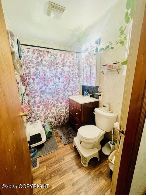 515 Maple Ave, Kodiak, AK 99615 - bathroom with wood finished floors, vanity, and a shower with shower curtain