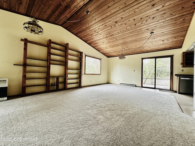 9238 Emily Way, Juneau, AK 99801 - unfurnished living room featuring wooden ceiling, vaulted ceiling, plenty of natural light, carpet floors, and a baseboard heating unit
