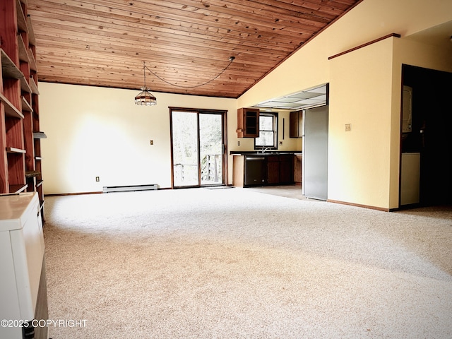 9238 Emily Way, Juneau, AK 99801 - unfurnished living room featuring light carpet, wooden ceiling, baseboard heating, high vaulted ceiling, and washer / clothes dryer