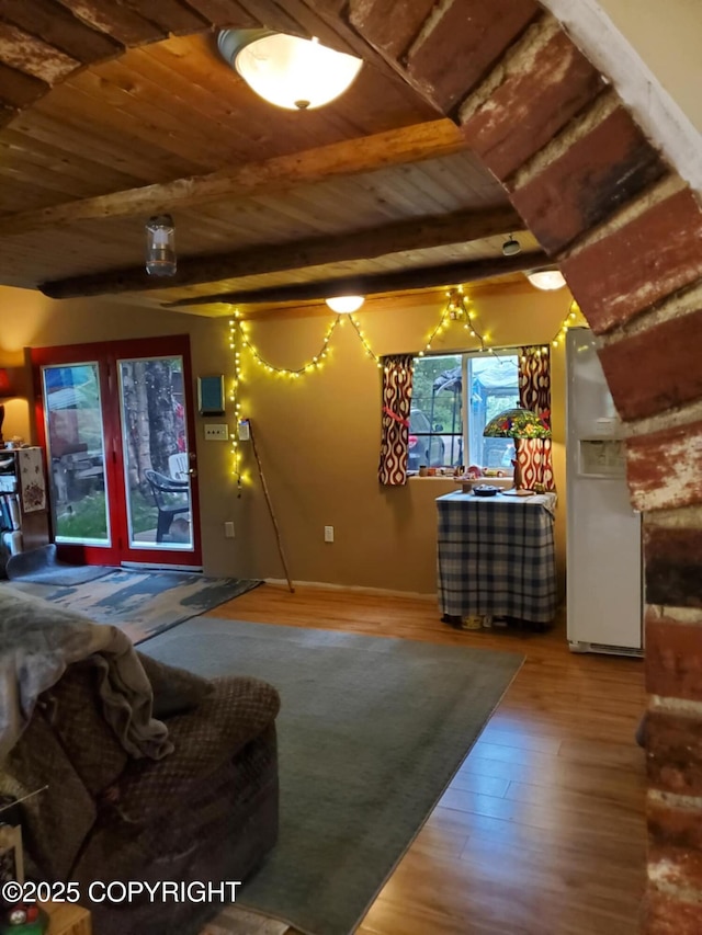 22120 S Easy St, Talkeetna, AK 99676 - living area featuring a wood ceiling with exposed beams and wood finished floors