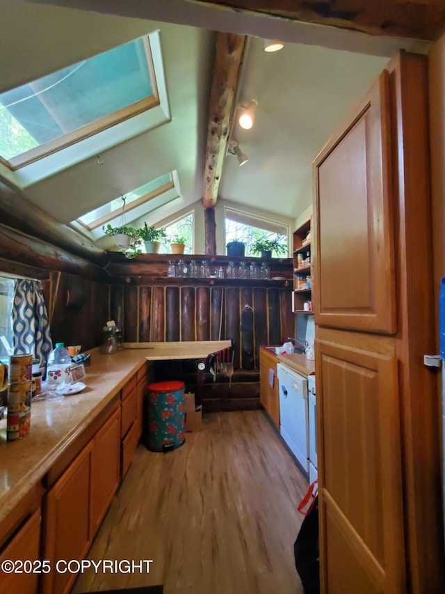 22120 S Easy St, Talkeetna, AK 99676 - interior space featuring wood finished floors, a skylight, an office area, and light countertops