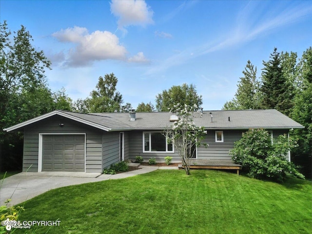 12220 Shiloh Rd, Anchorage, AK 99516 - ranch-style house with concrete driveway, an attached garage, a front lawn, and a wooden deck