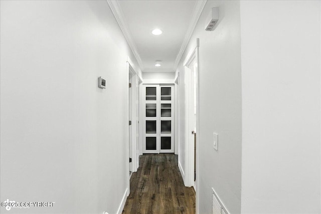 12220 Shiloh Rd, Anchorage, AK 99516 - corridor featuring crown molding, dark wood-type flooring, and recessed lighting