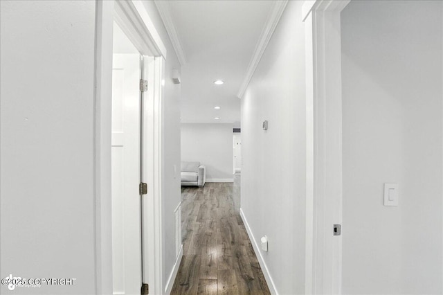 12220 Shiloh Rd, Anchorage, AK 99516 - hallway with crown molding, wood finished floors, and recessed lighting