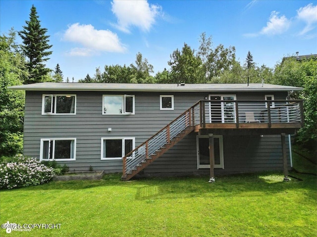 12220 Shiloh Rd, Anchorage, AK 99516 - rear view of property featuring a wooden deck, a lawn, and stairway