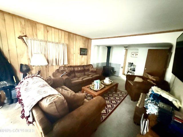 24220 Sterling Hwy, Ninilchik, AK 99639 - living area with a wood stove, carpet floors, and wood walls
