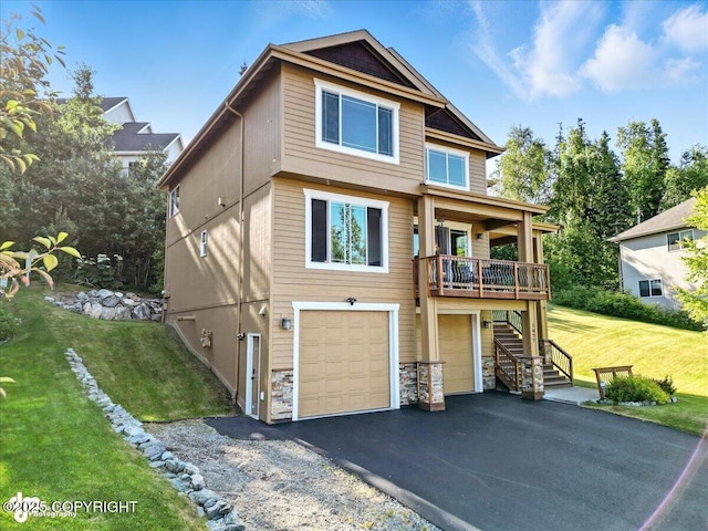 1677 Circlewood Dr, Anchorage, AK 99516 - view of front of property with a garage, stairs, driveway, a front lawn, and stone siding