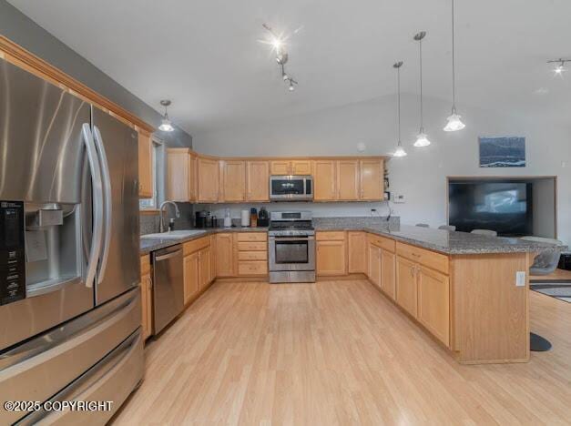 1207 Portside Dr, Kenai, AK 99611 - kitchen with stainless steel appliances, light brown cabinetry, light wood finished floors, a peninsula, and stone countertops