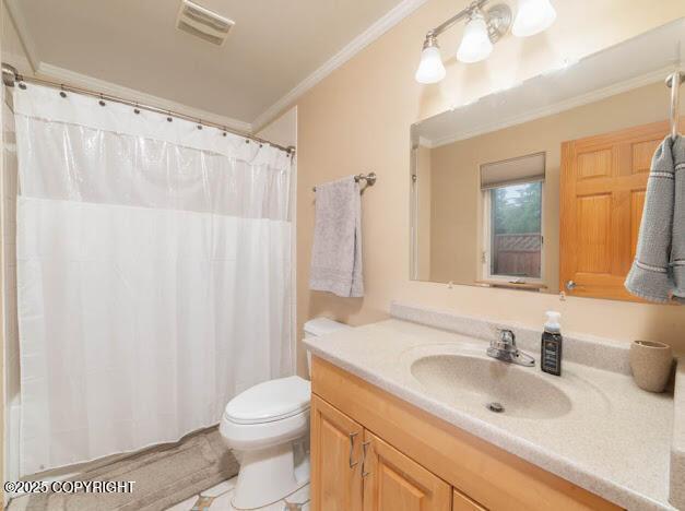 1207 Portside Dr, Kenai, AK 99611 - full bathroom featuring ornamental molding, vanity, and a shower with shower curtain