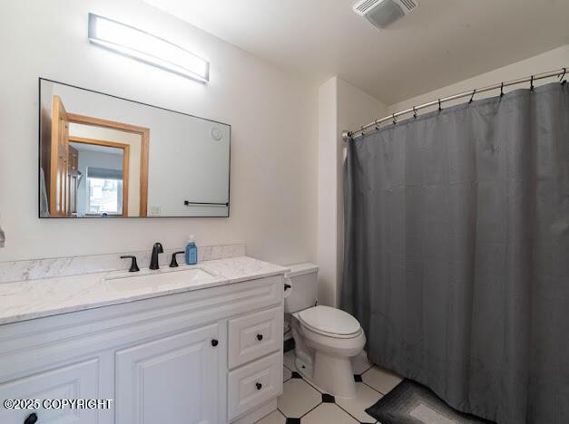 1207 Portside Dr, Kenai, AK 99611 - bathroom featuring vanity, tile patterned floors, and a shower with curtain