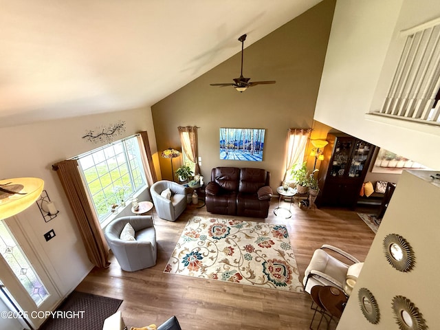 3920 Red Talon Dr, Anchorage, AK 99507 - living area featuring wood finished floors, vaulted ceiling, and ceiling fan