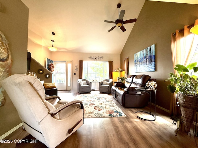 3920 Red Talon Dr, Anchorage, AK 99507 - living room featuring wood finished floors, high vaulted ceiling, and ceiling fan