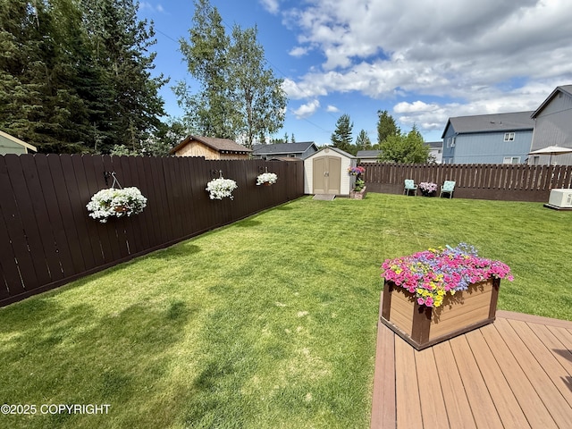 3920 Red Talon Dr, Anchorage, AK 99507 - fenced backyard with a storage unit and a wooden deck