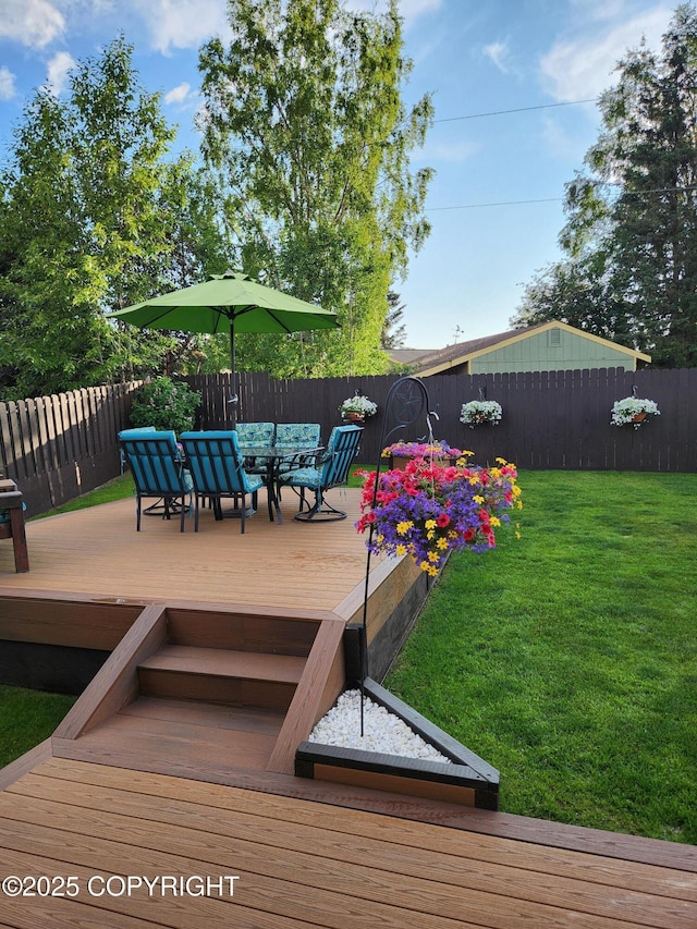3920 Red Talon Dr, Anchorage, AK 99507 - deck featuring a fenced backyard and outdoor dining area
