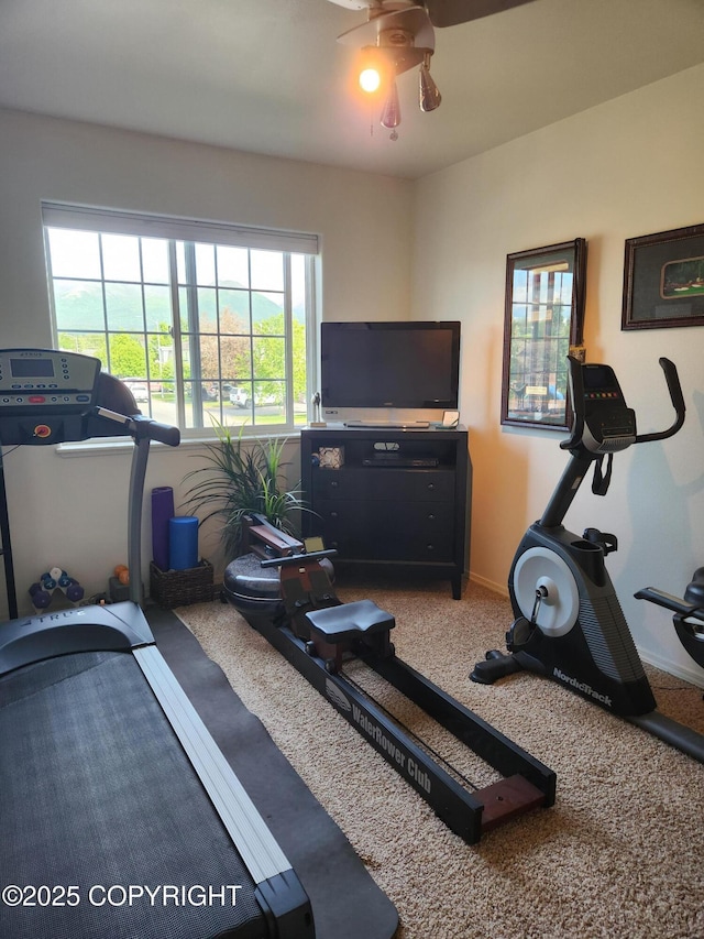 3920 Red Talon Dr, Anchorage, AK 99507 - exercise room featuring a ceiling fan and carpet floors