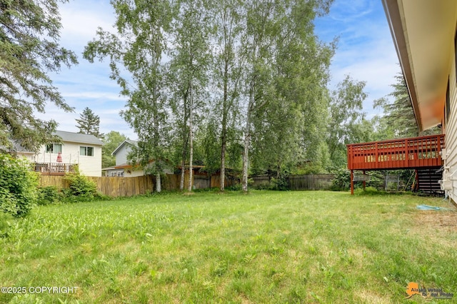 3223 Madison Way, Anchorage, AK 99508 - fenced backyard with a wooden deck and stairway