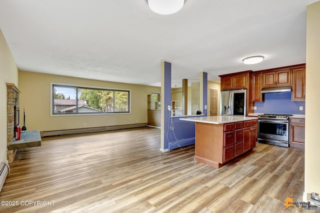 3223 Madison Way, Anchorage, AK 99508 - kitchen with appliances with stainless steel finishes, a baseboard radiator, open floor plan, under cabinet range hood, and light countertops