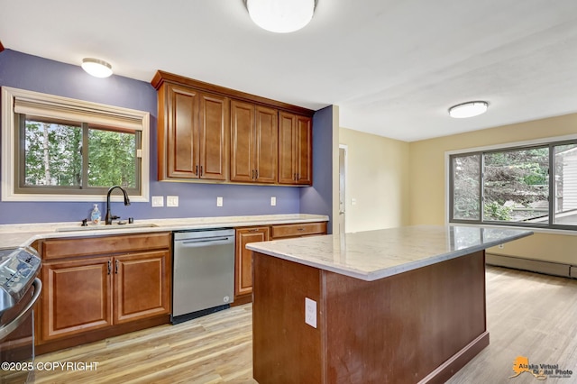3223 Madison Way, Anchorage, AK 99508 - kitchen featuring appliances with stainless steel finishes, light wood-type flooring, a baseboard heating unit, and brown cabinets