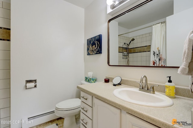 4800 Carousel Cir, Anchorage, AK 99502 - bathroom with a baseboard heating unit, vanity, and a shower with curtain