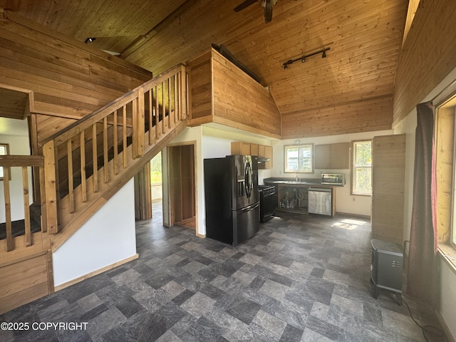 21577 Evelyn May St, Kasilof, AK 99610 - kitchen with black fridge with ice dispenser, range, wood ceiling, lofted ceiling, and dishwasher