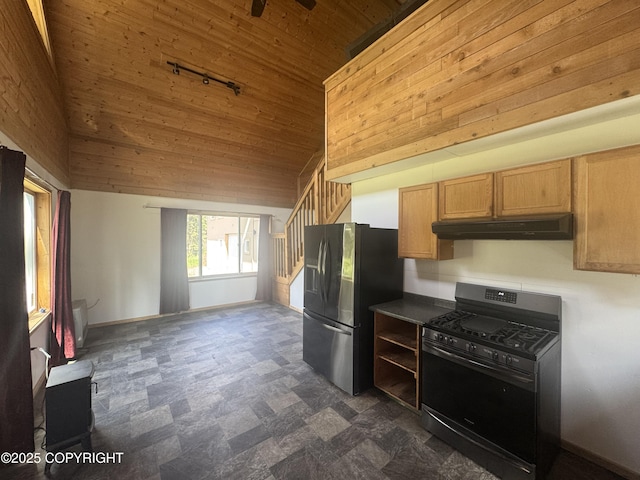 21577 Evelyn May St, Kasilof, AK 99610 - kitchen featuring appliances with stainless steel finishes, high vaulted ceiling, wood ceiling, under cabinet range hood, and wood walls