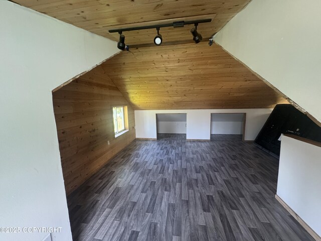 21577 Evelyn May St, Kasilof, AK 99610 - bonus room featuring wooden ceiling, lofted ceiling, wooden walls, and dark wood-style floors
