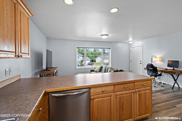 1786 E Neil Cir # 4, Wasilla, AK 99654 - kitchen featuring stainless steel dishwasher, open floor plan, a peninsula, dark wood-type flooring, and brown cabinets