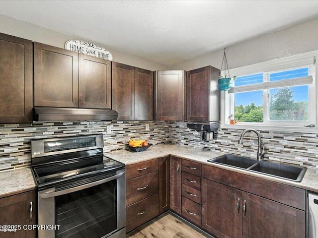 72155 Shannon Rd, Anchor Point, AK 99556 - kitchen featuring stainless steel range with electric cooktop, under cabinet range hood, tasteful backsplash, and dark brown cabinetry