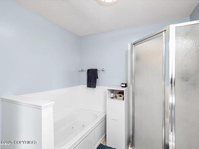 72155 Shannon Rd, Anchor Point, AK 99556 - bathroom with a stall shower, a tub with jets, and a textured ceiling