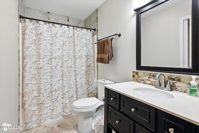 2608 Lauren Creek Loop # 4, Anchorage, AK 99507 - bathroom with vanity, decorative backsplash, a shower with curtain, and tile patterned flooring