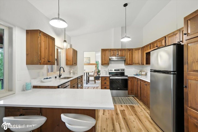 3291 N Edgewater Dr, Wasilla, AK 99623 - kitchen with stainless steel appliances, under cabinet range hood, light countertops, light wood finished floors, and brown cabinets