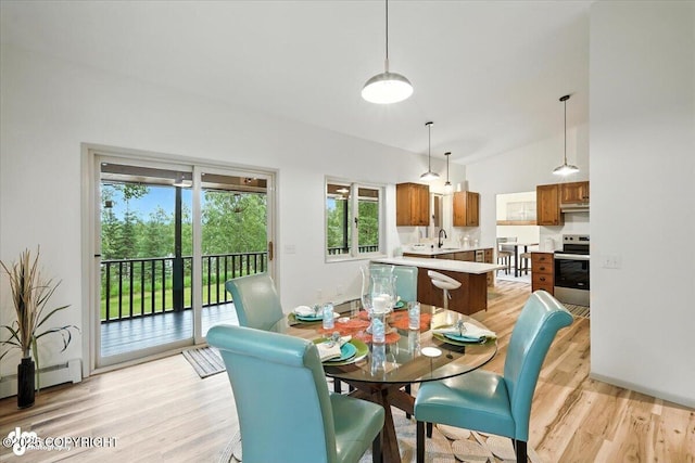 3291 N Edgewater Dr, Wasilla, AK 99623 - dining space featuring light wood-style floors, a baseboard radiator, and lofted ceiling