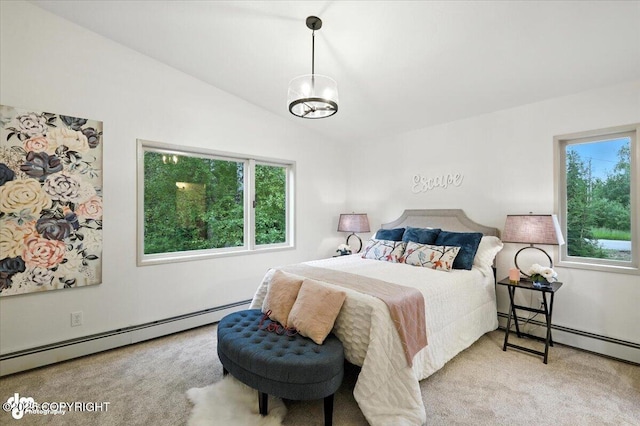 3291 N Edgewater Dr, Wasilla, AK 99623 - carpeted bedroom featuring a baseboard radiator and vaulted ceiling