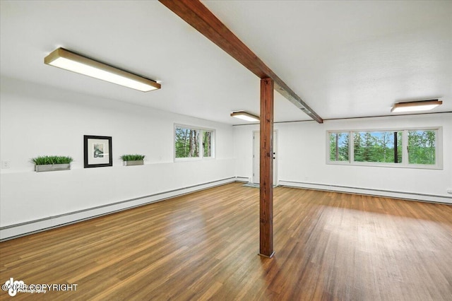 3291 N Edgewater Dr, Wasilla, AK 99623 - spare room with wood finished floors, a baseboard heating unit, and beam ceiling