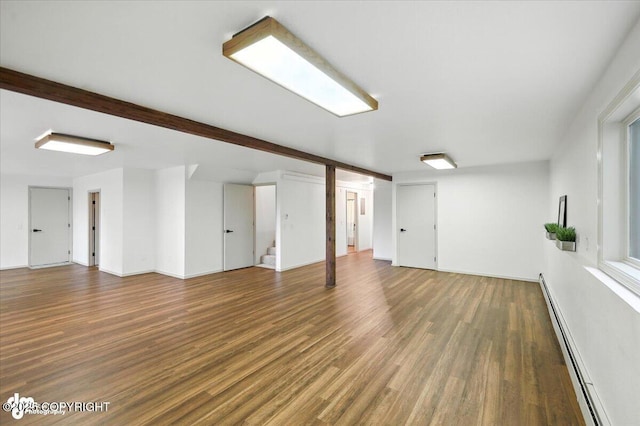 3291 N Edgewater Dr, Wasilla, AK 99623 - unfurnished living room with baseboard heating, wood finished floors, and stairway