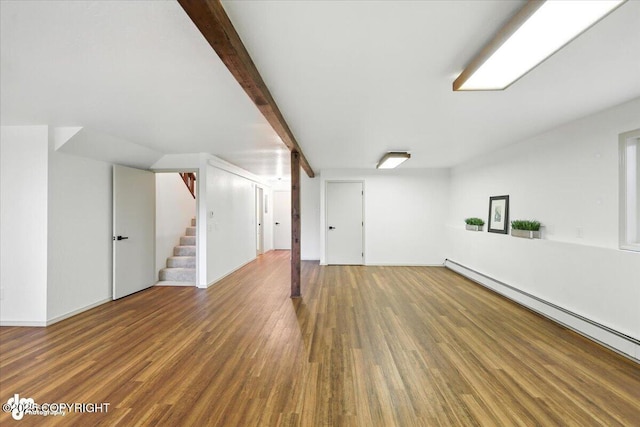 3291 N Edgewater Dr, Wasilla, AK 99623 - bonus room with a baseboard heating unit, wood finished floors, stairway, and beam ceiling