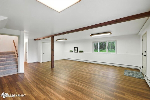 3291 N Edgewater Dr, Wasilla, AK 99623 - unfurnished living room featuring a baseboard radiator, wood finished floors, and stairs