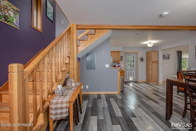 14327 E Birch Cir, Talkeetna, AK 99676 - stairs featuring electric panel, healthy amount of natural light, and wood finished floors