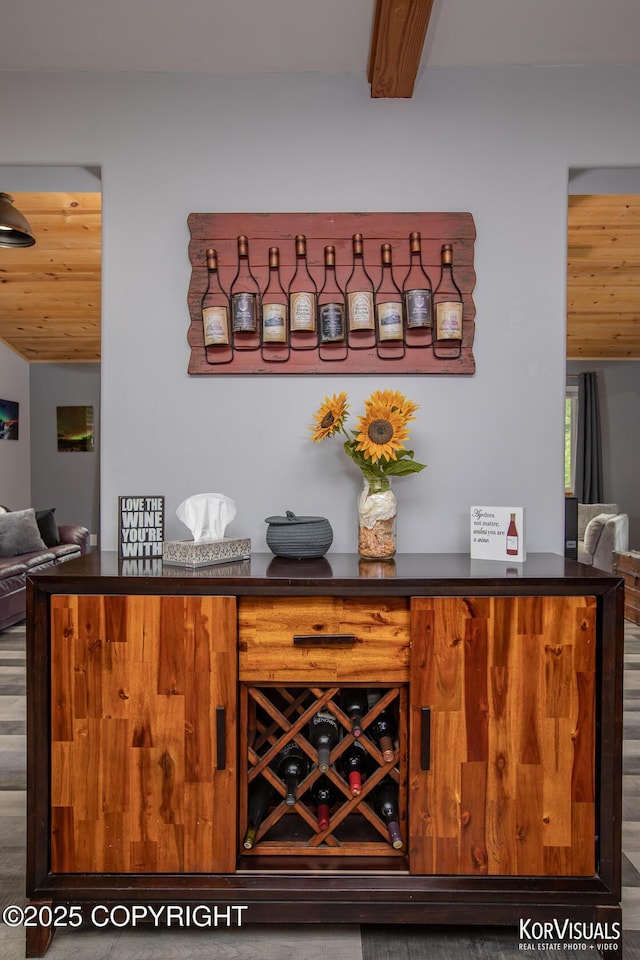 14327 E Birch Cir, Talkeetna, AK 99676 - bar area featuring wood ceiling and wood finished floors