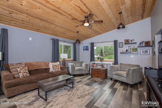 14327 E Birch Cir, Talkeetna, AK 99676 - living area featuring vaulted ceiling, wood finished floors, wooden ceiling, and a ceiling fan